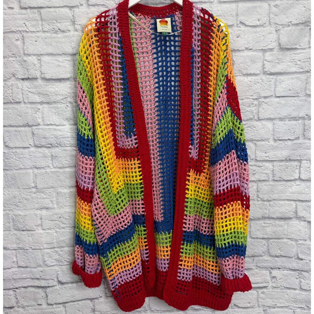 FARM Rio Rainbow Crochet Cardigan Size M Loose Knit Oversized - Picture 2 of 8